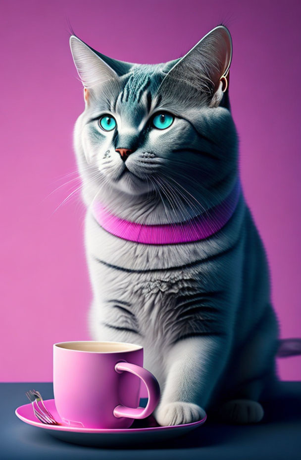 Silver Tabby Cat with Blue Eyes Beside Pink Coffee Cup on Purple Background