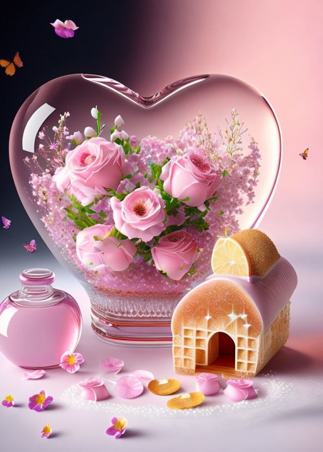 Heart-shaped vase with pink roses, baby's breath, perfume bottle, orange slice house, petals,