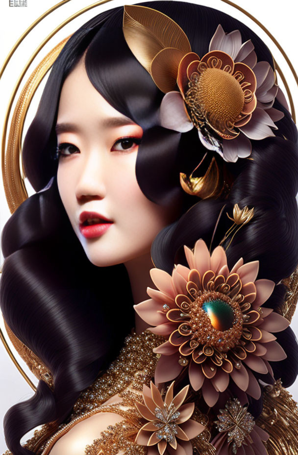 Stylized portrait of woman with glossy hair and floral accessories