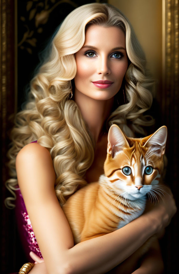 Blonde woman holding orange tabby cat against golden backdrop