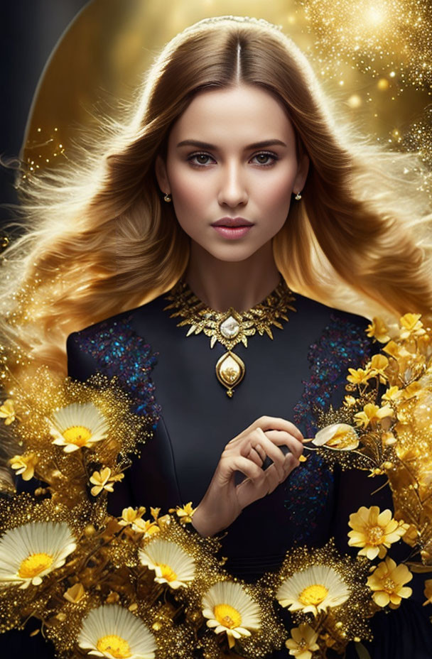 Woman surrounded by golden flowers on dark background