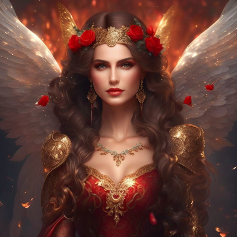 Ethereal woman with angel wings, roses, golden jewelry, red gown in warm, mystical glow