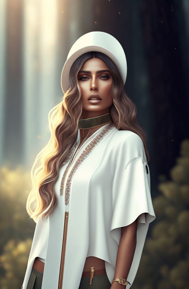 Woman with Wavy Hair in Stylish Hat and Cape in Forest Scene