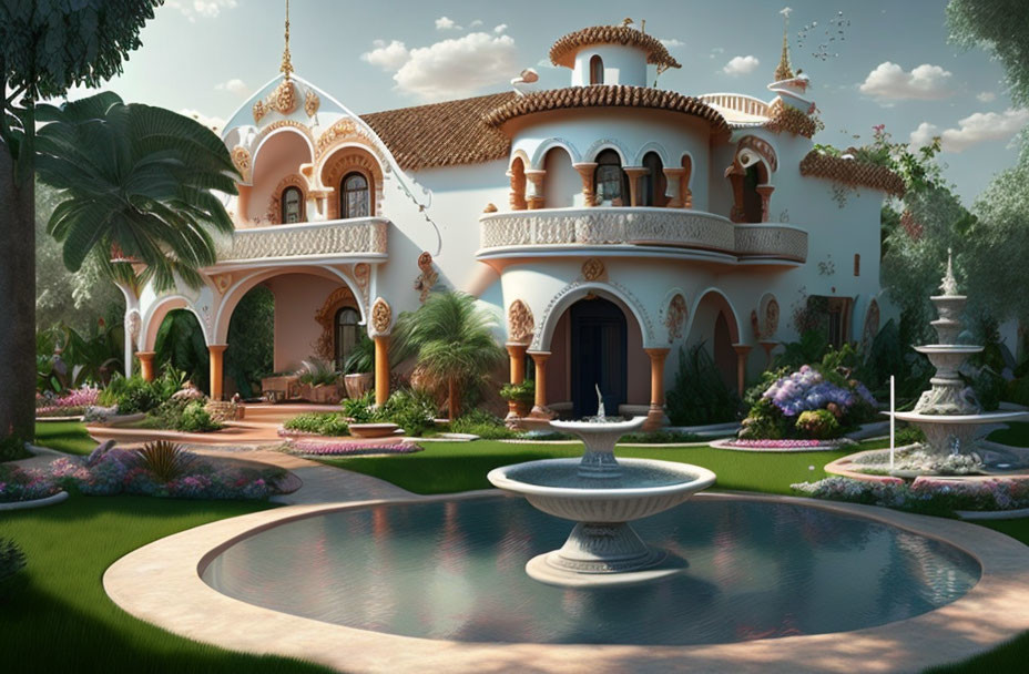 Spanish-Style Villa with Arched Doorways, Tiled Roof, Gardens, and Pool