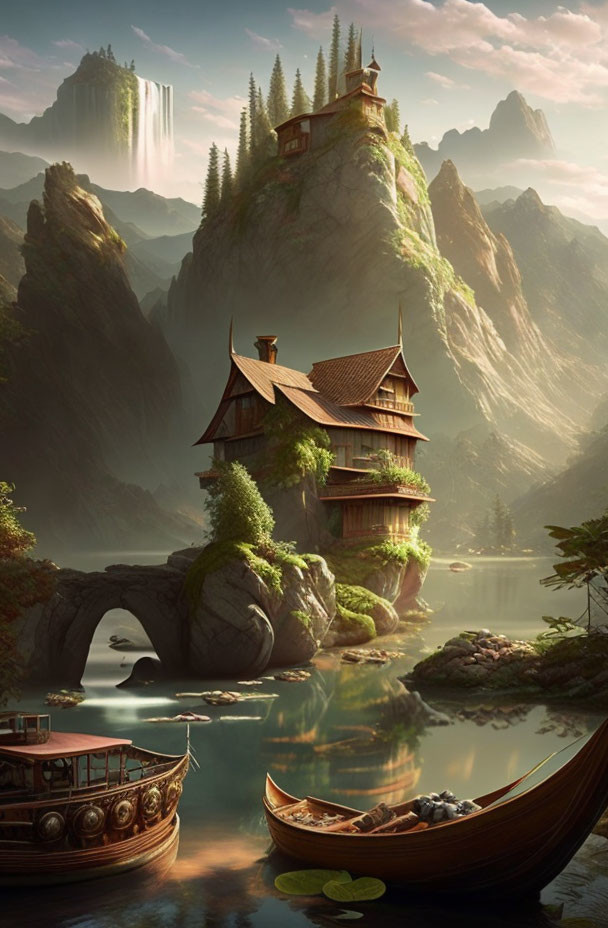 Traditional house on rocky islet with arched bridge and waterfall