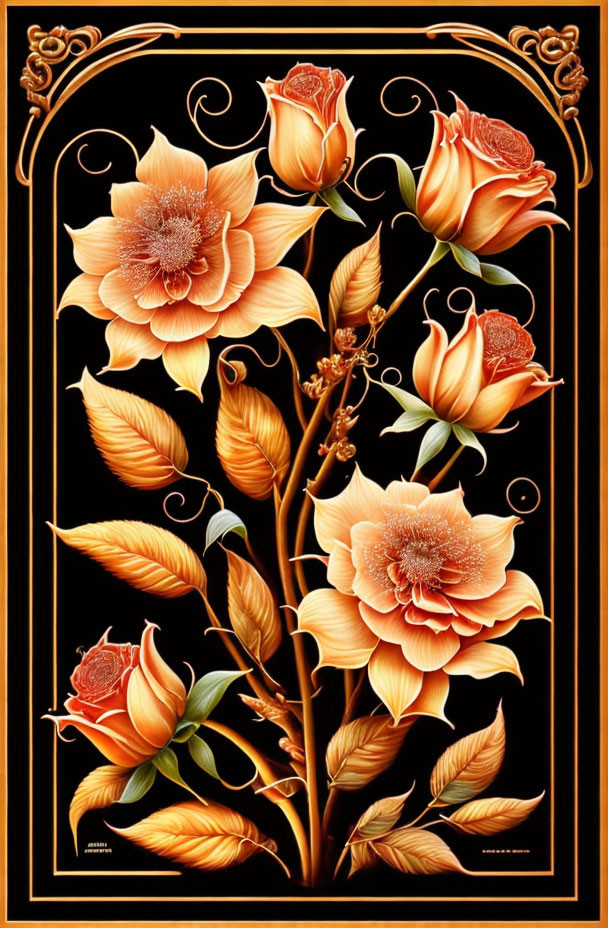 Detailed Peach Floral Illustration with Golden Leaves on Black Background