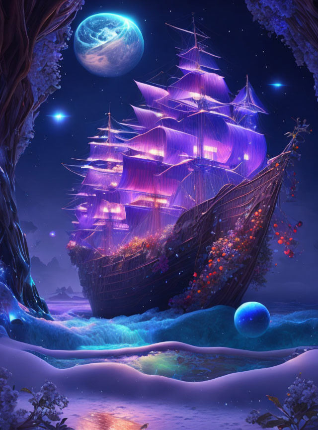 Glowing ship with purple sails in otherworldly landscape