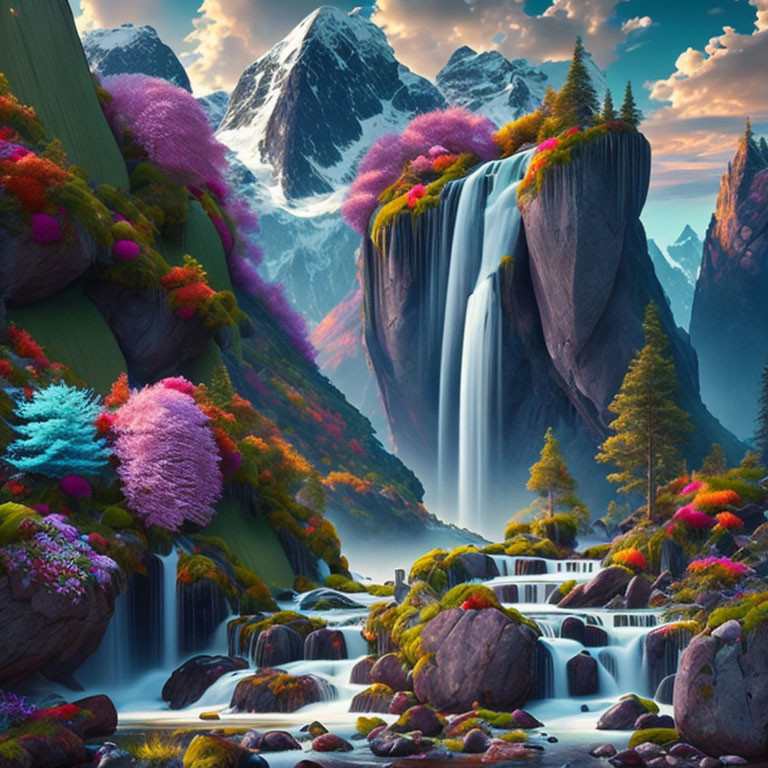 Fantasy landscape with majestic waterfall and colorful flora