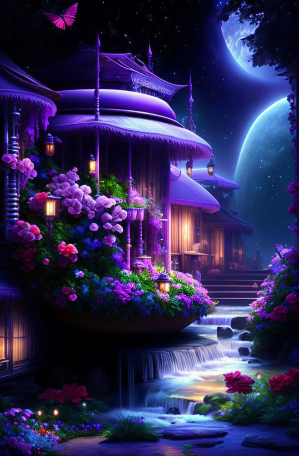 Vibrant flower garden with waterfall, cottage, and moonlit sky