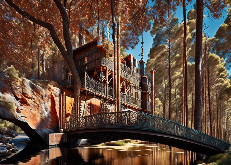 Serene waters treehouse with metalwork bridge in autumn forest