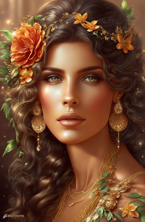 Portrait of Woman with Curly Hair and Floral Golden Headpiece