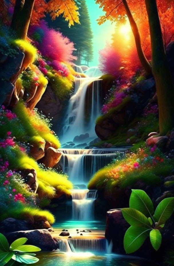 Lush forest with cascading waterfall and vibrant flora