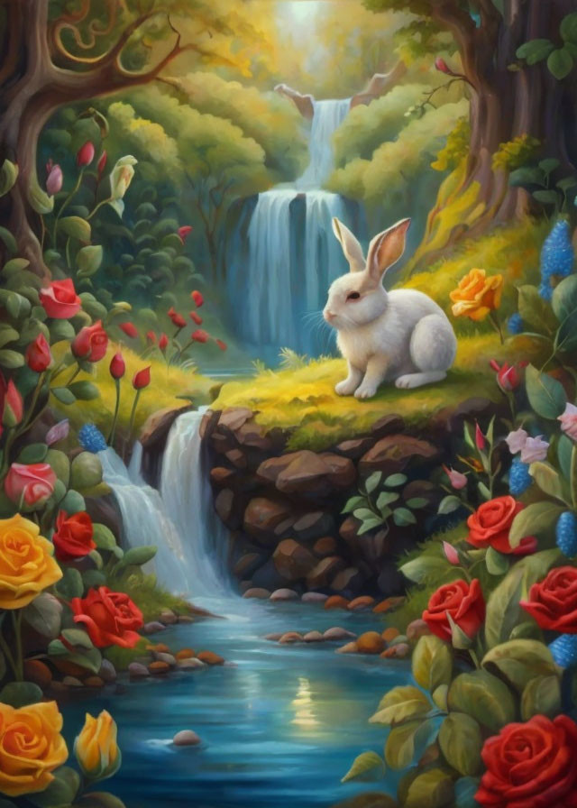 White rabbit on grassy ledge near stream with waterfall and flowers