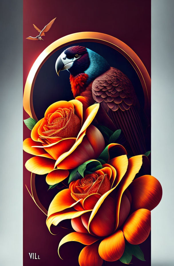 Colorful digital artwork: Eagle with red and blue head, orange roses, abstract golden element