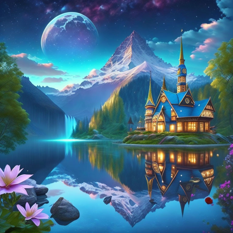 Enchanting fantasy landscape with illuminated cottage, serene lake, mountains, waterfalls, and large moon