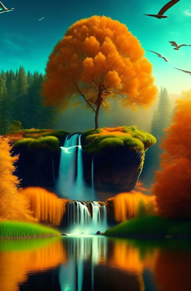 Digital artwork: Vibrant orange tree on waterfall with reflection in tranquil river