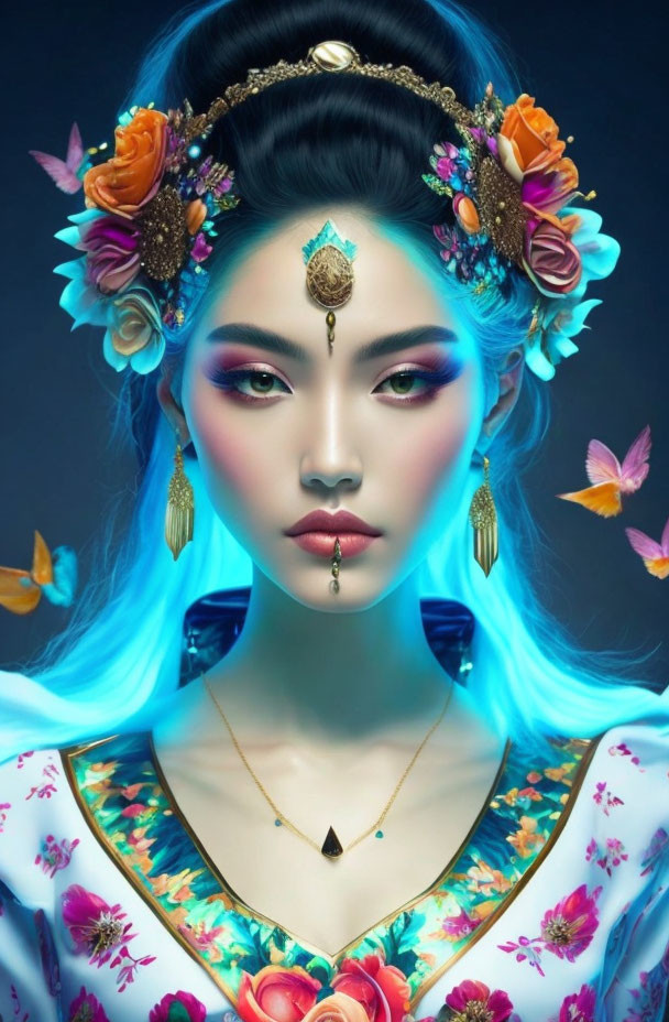 Woman with Glowing Blue Hair and Floral Accessories