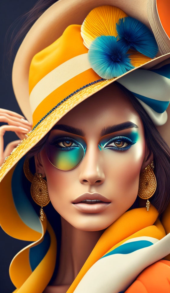 Woman with blue eyeshadow, gold earrings, and striped hat posing confidently