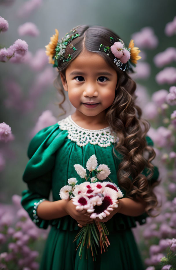 Young girl in green dress with floral headband holding bouquet among pink blooms