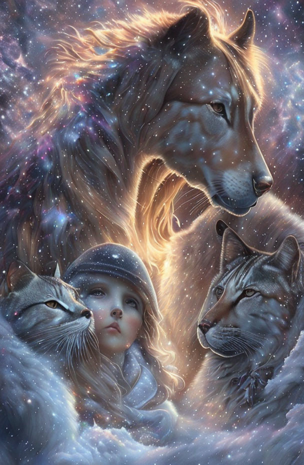 Child with Wolf and Cats in Cosmic Setting