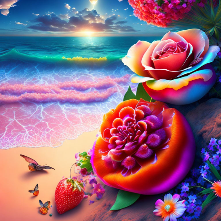 Colorful Sunset Beach Scene with Oversized Flowers, Strawberry, and Butterflies