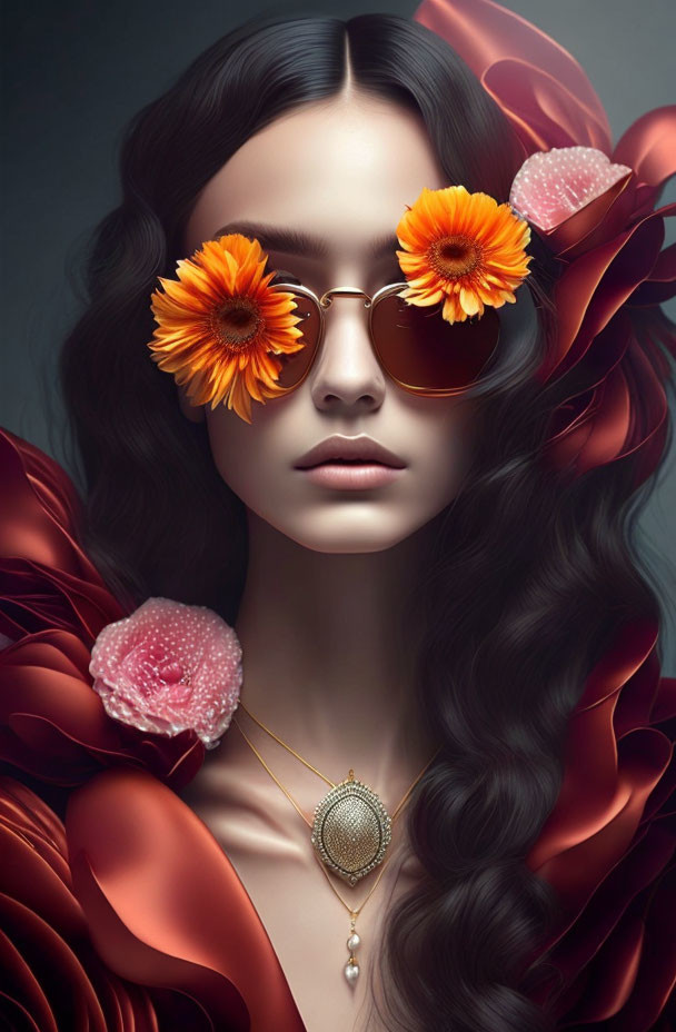 Woman with long wavy hair in sunglasses with orange flowers, red ruffled garment, vintage pendant necklace