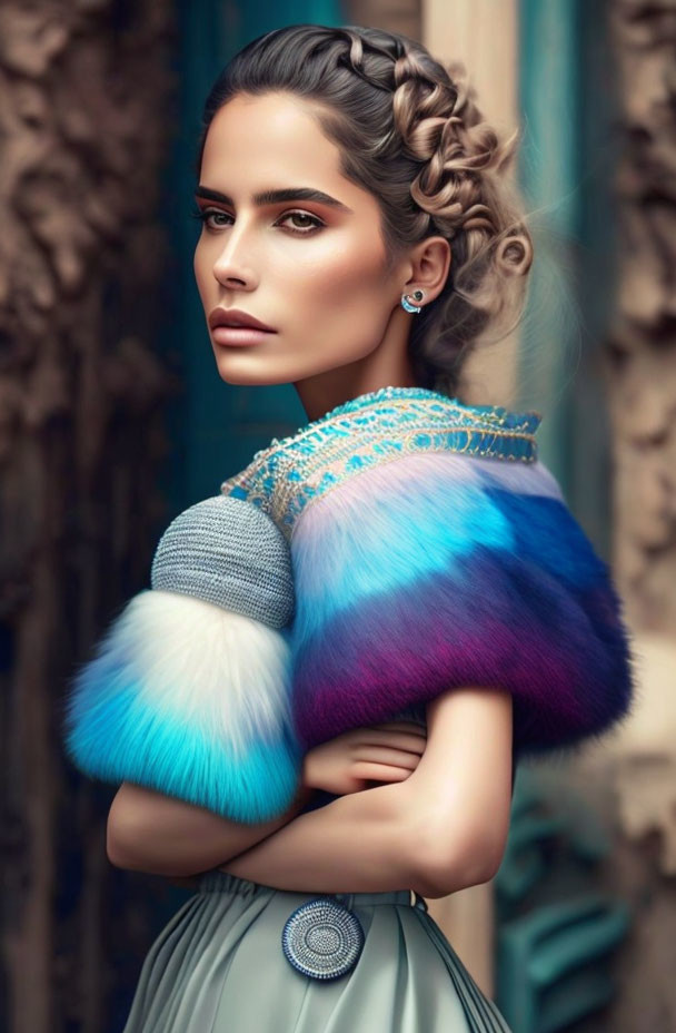 Styled braided hair and colorful fur shawl on woman in blue dress with statement earring