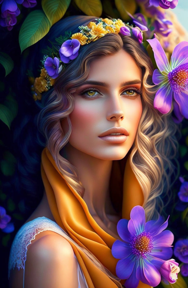 Portrait of woman with curly hair, purple flowers, and golden accessories