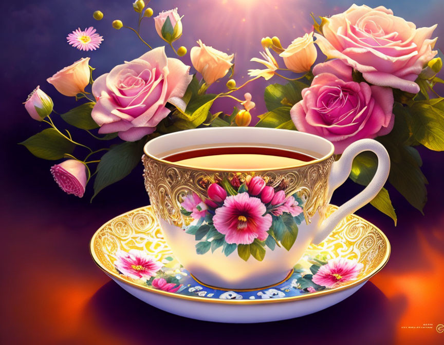 Golden Cup with Floral Patterns, Warm Beverage, Pink Roses, Purple Background