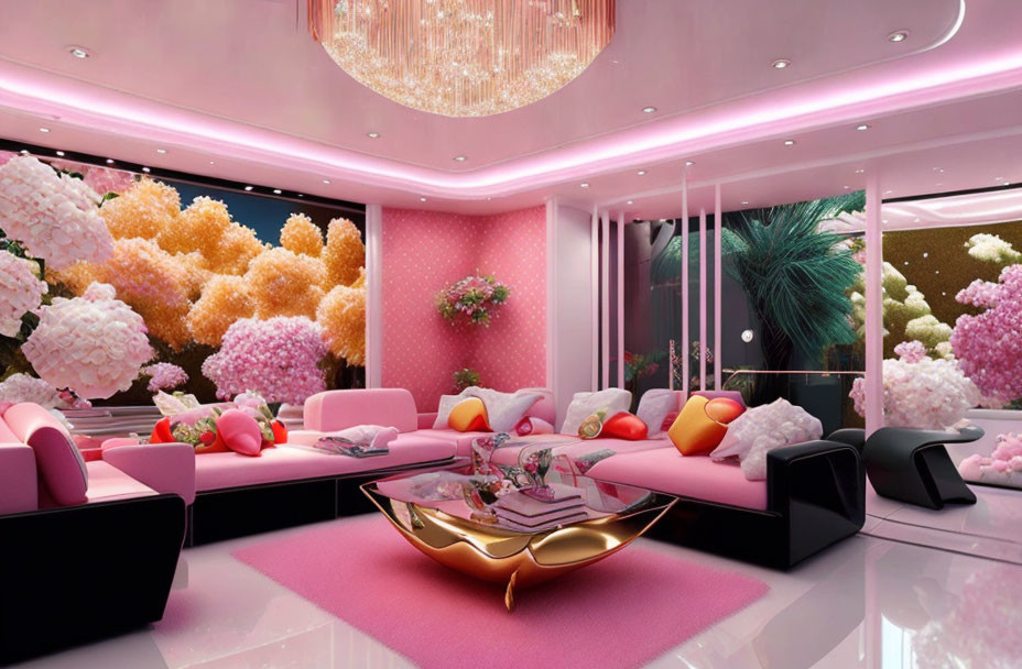 Stylish interior with pink sofas, coral reef aquariums, sleek table, and modern chandelier