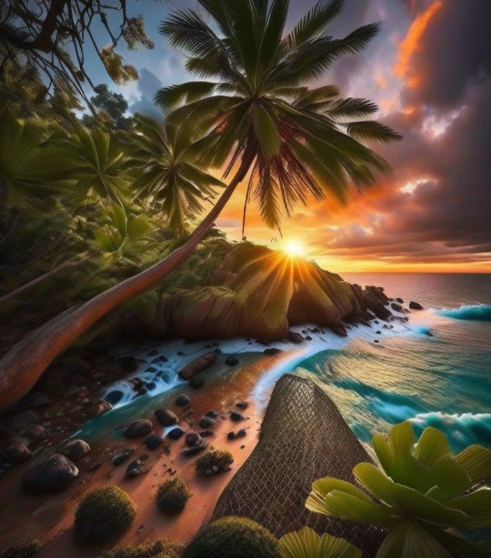 Tropical Beach Sunset with Palm Trees and Hammock