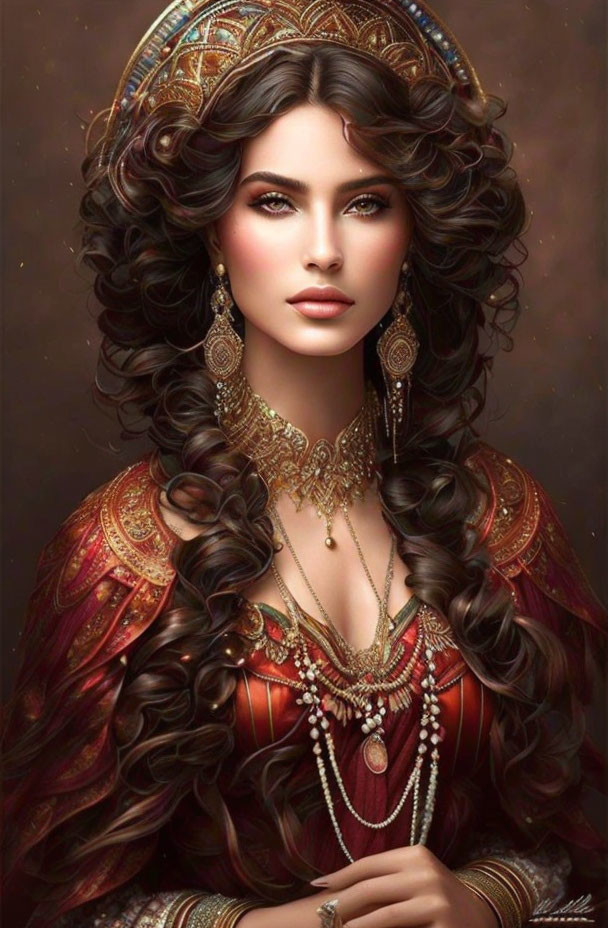 Detailed digital painting of elegant woman with curly hair and ornate attire.