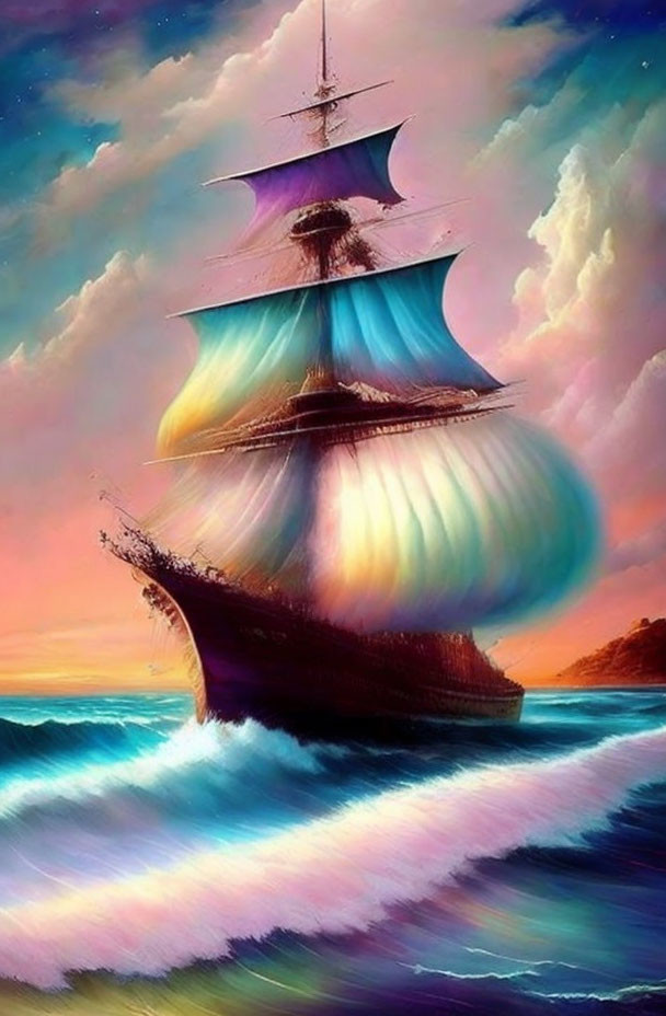 Colorful painting of sailing ship with iridescent sails on vibrant sea at sunrise/sunset