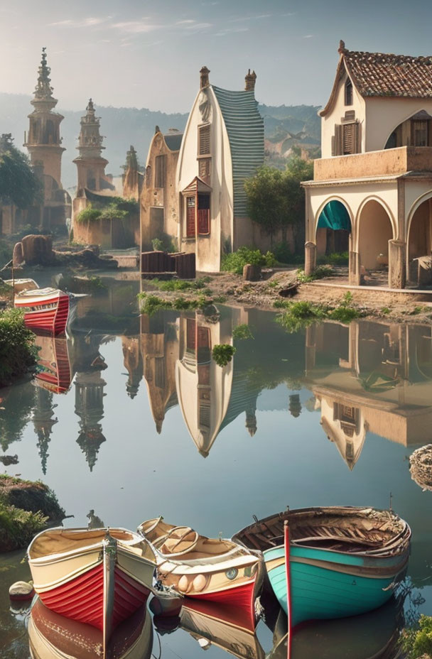 Historic village river scene with boats, traditional buildings, and hilly backdrop.