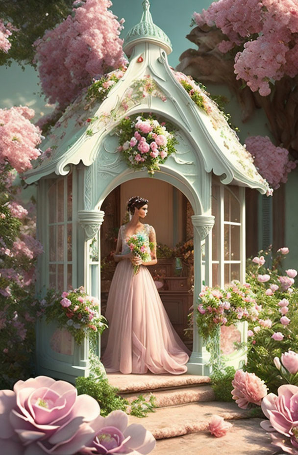 Woman in pink dress and floral crown at garden gazebo with lush pink blossoms.