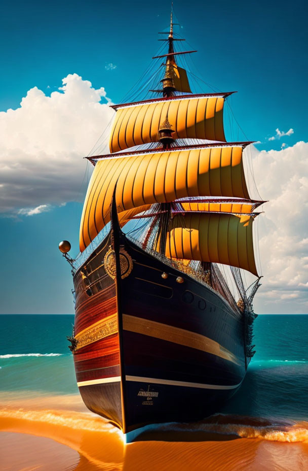 Majestic sailing ship with billowing orange sails near golden beach