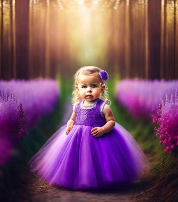 Toddler in Purple Dress Surrounded by Flowers in Forest Canopy