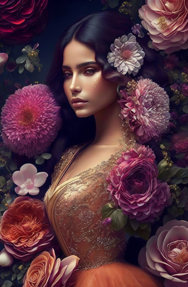 Woman with dark hair in lace garment surrounded by lush flowers