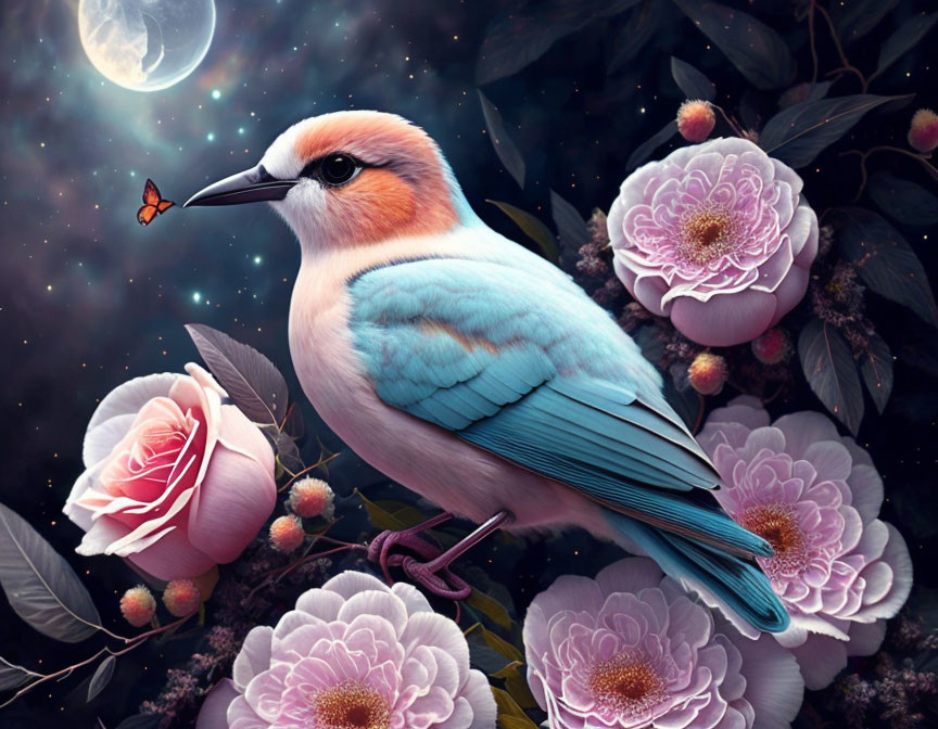 Colorful Bird Among Flowers at Night with Stars and Butterfly