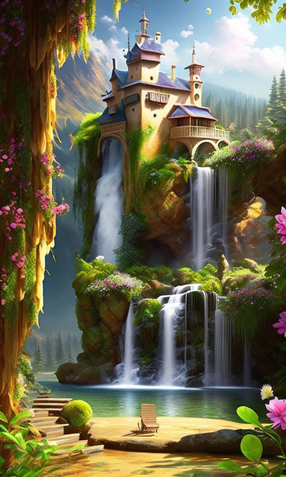 Castle on Waterfall Surrounded by Lush Greenery