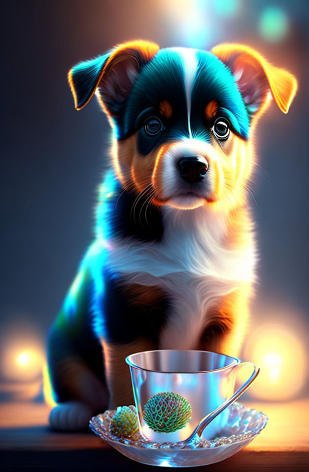 Colorful Illustration: Cute Puppy with Fruits and Soft Light