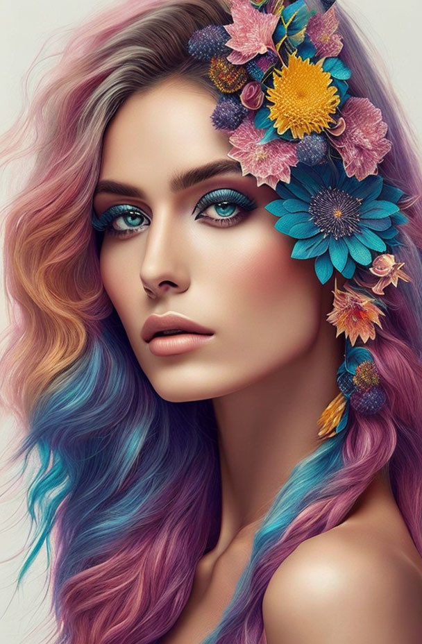 Vibrant rainbow-colored hair woman with floral arrangement and blue eyes