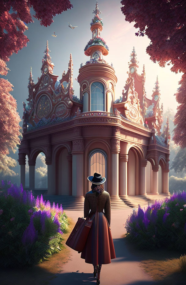 Person in hat with suitcases at ornate building in lush setting