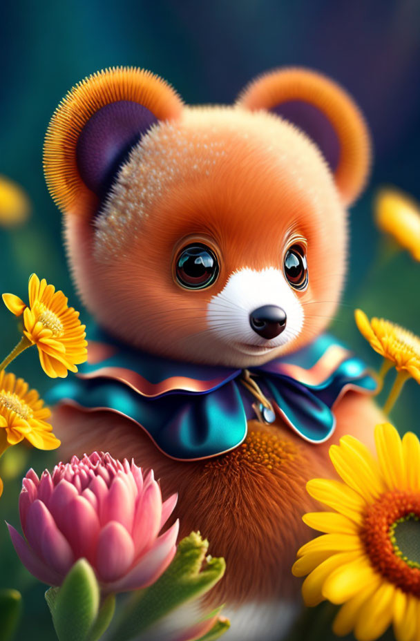 Illustration of red panda with large eyes and blue ribbon among vibrant flowers