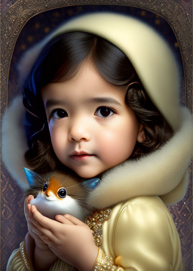 Young girl with big brown eyes in golden hooded outfit holding squirrel with blue butterfly.