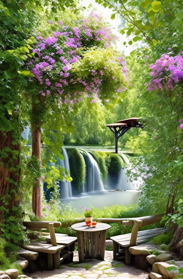 Tranquil garden scene with arched trellis, purple flowers, wooden furniture, and waterfall