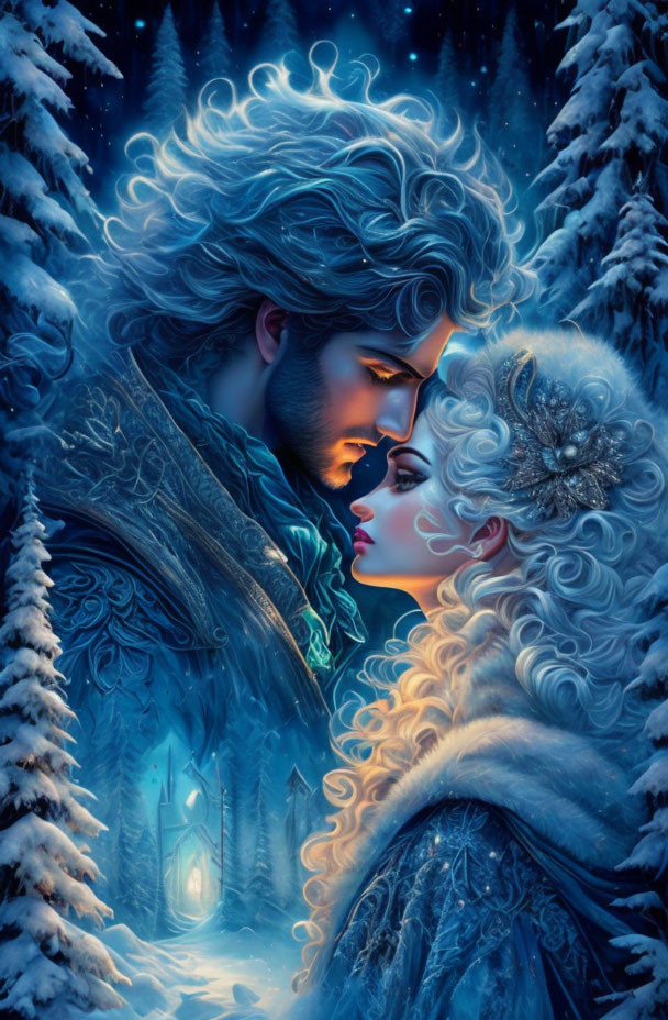 Fantasy illustration: Couple in winter attire in enchanted snowy forest