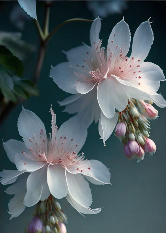 Delicate white blossoms with pink speckled centers on dark background