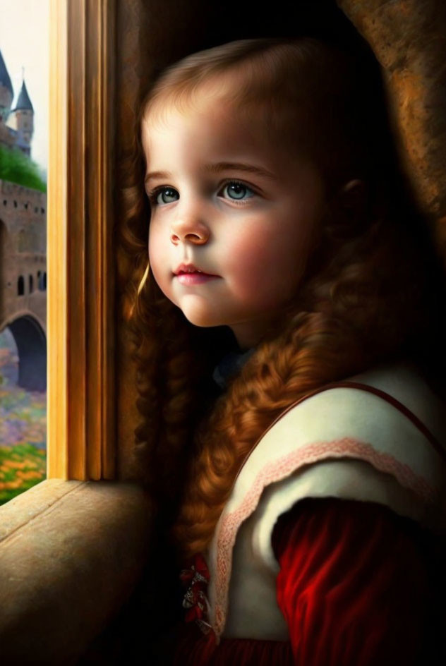 Young girl with wavy brown hair and blue eyes looking out window in castle setting.