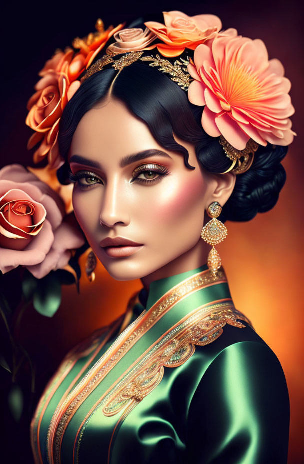 Digital artwork: Woman with styled hair, floral headpiece, green-gold attire, holding a rose